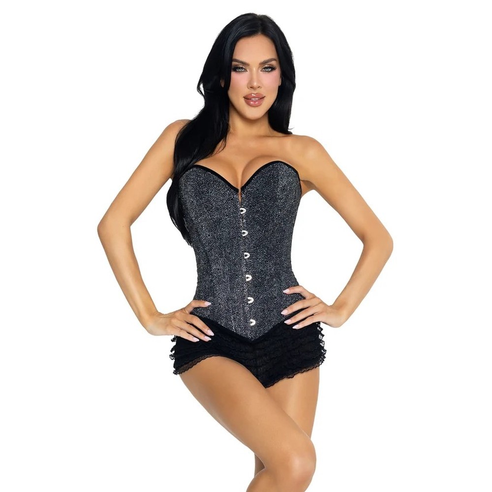 Leg Avenue - Glitter Boned Corset with LaceUp Back Lingerie set - Zwart